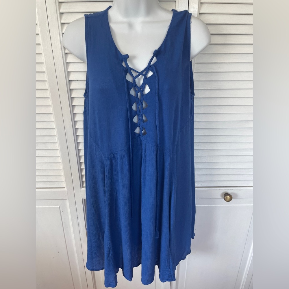 Umgee Lace Up Royal Blue Boho Tunic Top Medium